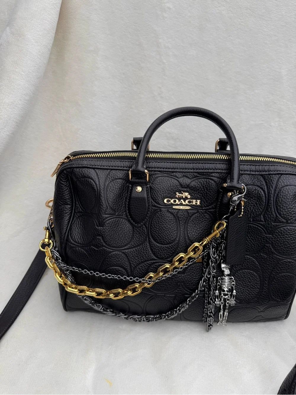 Coach Black Embossed Pebbled Leather Satchel with Mixed Metal Chains - Picture 1 of 10